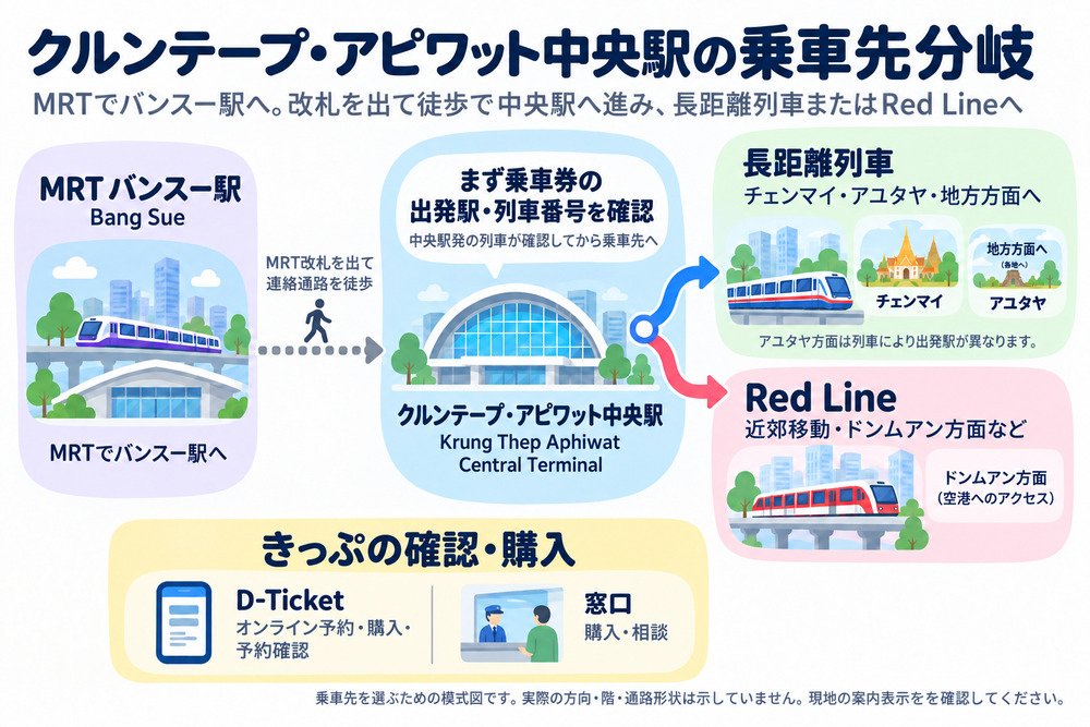 MRTバンスー駅からクルンテープ・アピワット中央駅へ徒歩接続し長距離列車・Red Lineへ進む流れ